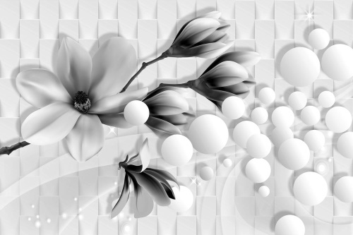 Samolepící tapeta černobílá magnolie s abstraktními prvky