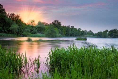 Samolepící fototapeta východ slunce u řeky