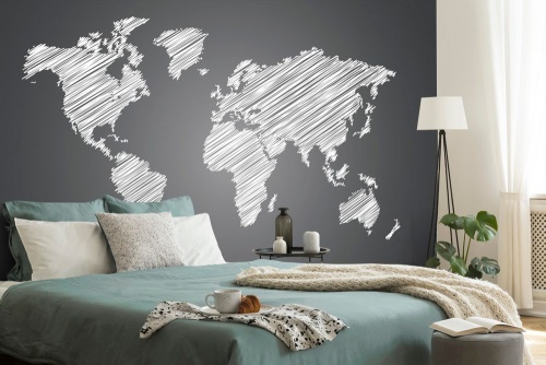 Tapeta mapa světa šrafovaná v černobílém