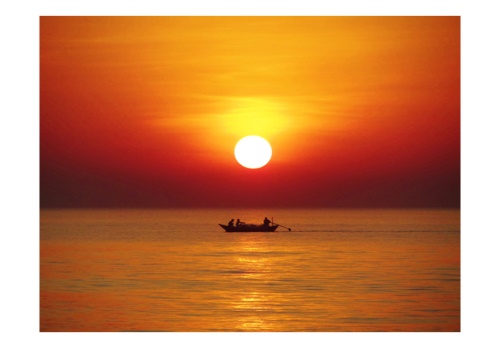 Fototapeta - Sunset with fishing boat