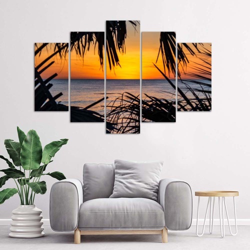 Obraz na plátně pětidílný Západ slunce s mořskou palmou