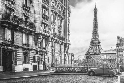 Samolepící tapeta černobílá Eiffelova věž z ulice Paříže