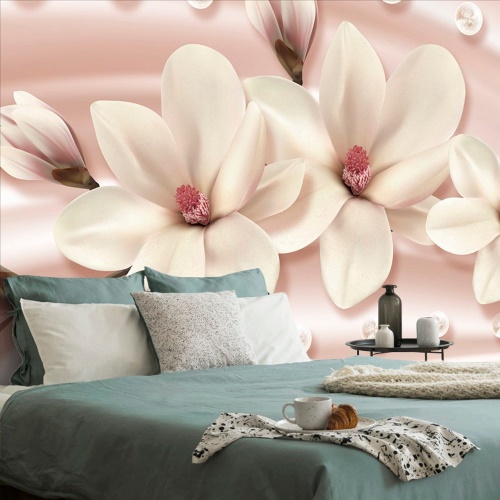 Tapeta magnolie s perlami na saténovém pozadí