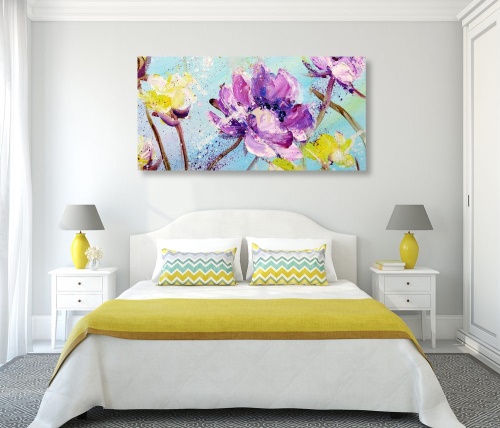 Obraz malba žlutých a fialových květů