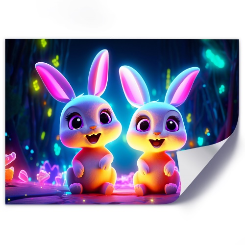 Obraz na plátně, Neonové kreslené králíčky