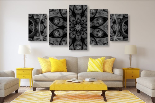5-dílný obraz hypnotická Mandala v černobílém provedení