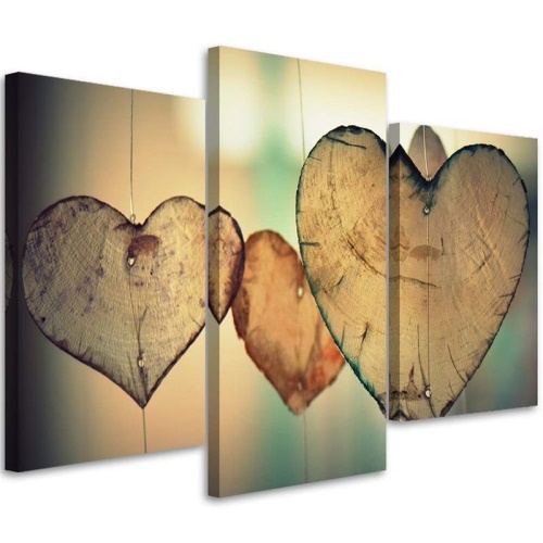 Obraz na plátně třídílný Srdce dřeva Love Retro