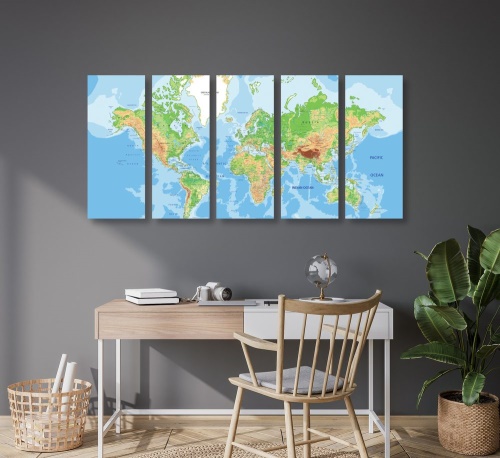 5-dílný obraz klasická mapa světa