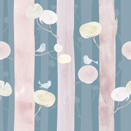 Samolepící tapeta ptáčci na stromech s modrým pozadím - 75x1000 cm