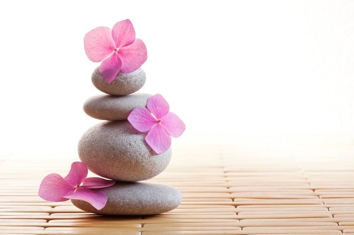 Samolepící fototapeta balanc kamenů a růžové květy