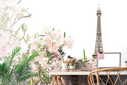 Samolepící fototapeta Eiffelova věž a růžové květy