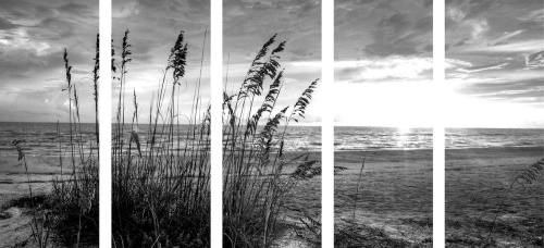 5-dílný obraz západ slunce na pláži v černobílém provedení