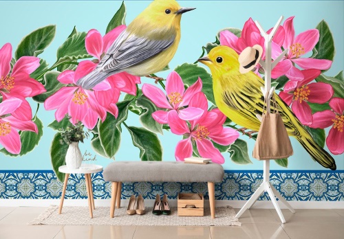 Samolepící tapeta ptáčci a květiny ve vintage provedení
