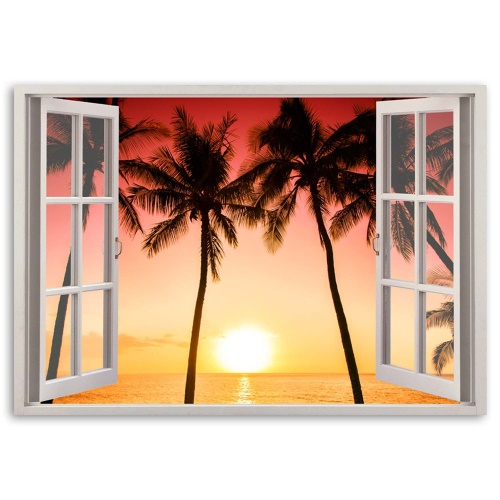 Obraz na plátně Palmové okno při západu slunce