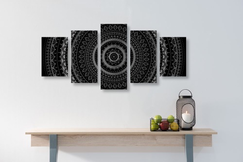 5-dílný obraz Mandala se vzorem slunce v černobílém provedení