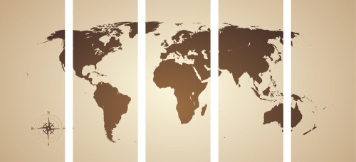 5-dílný obraz mapa světa v odstínech hnědé