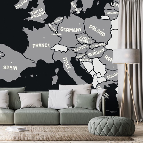Tapeta mapa s názvy zemí Evropy černobílá