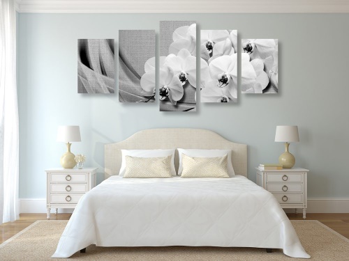 5-dílný obraz orchidej na plátně v černobílém provedení