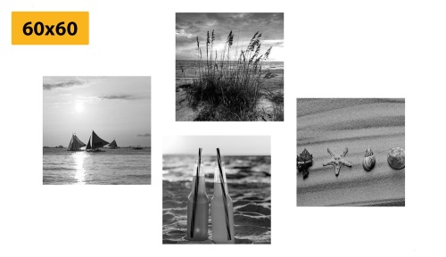 Set obrazů moře a pláž v černobílém provedení
