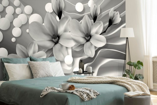 Samolepící tapeta černobílá magnolie na abstraktním pozadí