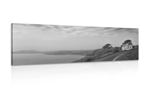 Obraz dom na útese v čiernobielom prevedení