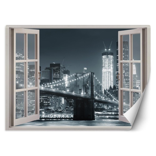Fototapeta, Okno s pohledem na New York Brooklynský most černá bílá