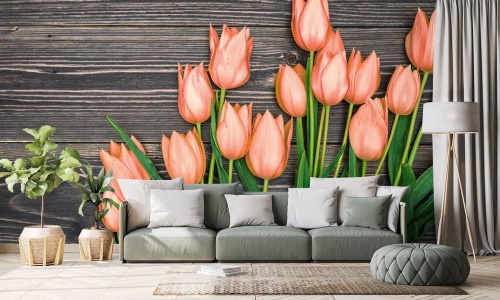 Tapeta oranžové tulipány na dřevěném podkladu