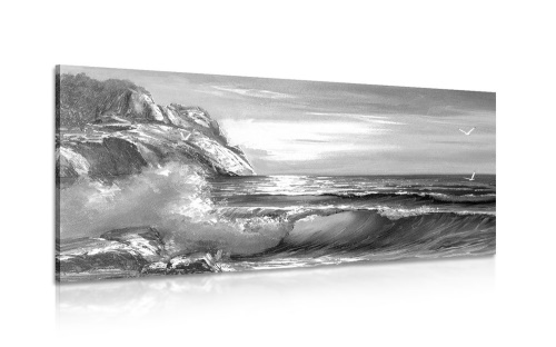 Obraz mořské vlny na pobřeží v černobílém provedení