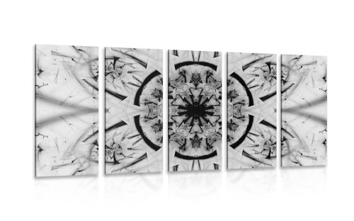 5-dílný obraz abstrakce Mandaly v černobílém provedení