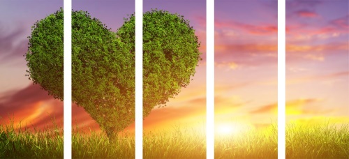 5-dílný obraz strom ve tvaru srdce na louce