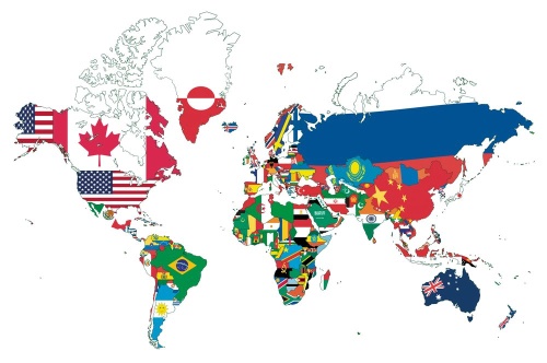 Tapeta mapa světa s vlajkami s bílým pozadím