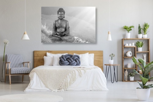 Obraz socha Budhy v meditující poloze v černobílém provedení