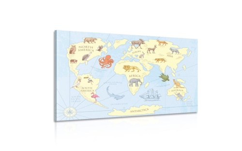 Obraz mapa světa se zvířaty