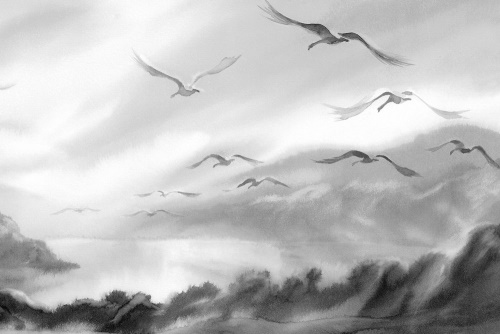 Obraz přelet ptáků přes krajinkou v černobílém provedení