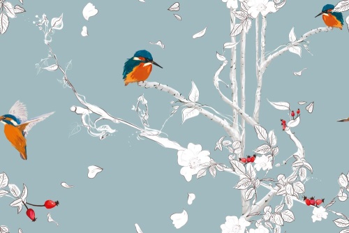 Samolepící tapeta ptáčci v hustém lese s modrým pozadím - 75x1000 cm