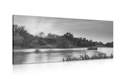 Obraz východ slunce u řeky v černobílém provedení