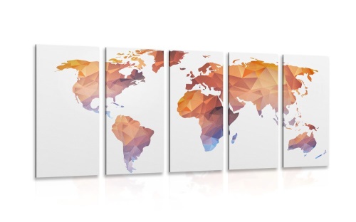 5-dílný obraz polygonální mapa světa v odstínech oranžové