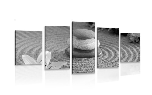 5-dílný obraz Zen zahrada a kameny v písku v černobílém provedení