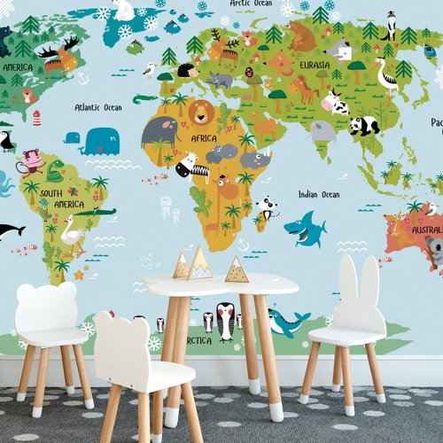 Tapeta mapa světa pro děti se zvířátky