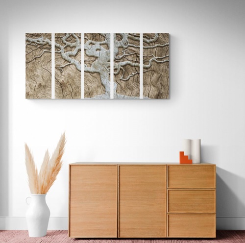 5-dílný obraz abstraktní strom na dřevě v béžovém provedení