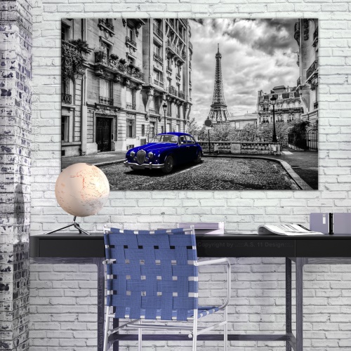 Obraz - Car in Paris (1 Part) Blue Wide