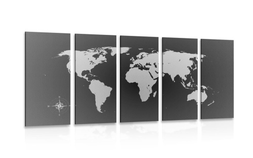 5-dílný obraz mapa světa v odstínech šedi