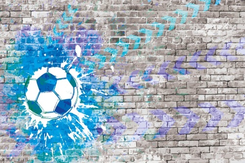 Tapeta modrý fotbalový míč na cihlové zdi