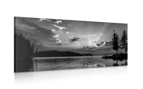 Obraz odraz horského jezera v černobílém provedení