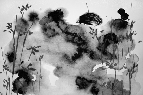 Samolepící tapeta černobílá malba japonské oblohy