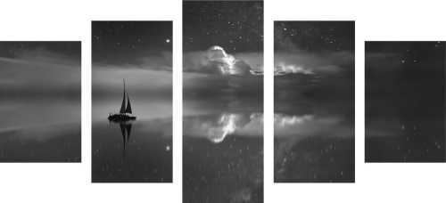 5-dílný obraz loďka na moři v černobílém provedení