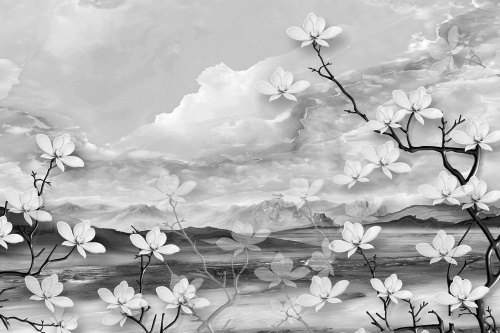 Tapeta květy v krajině v černobílém provedení