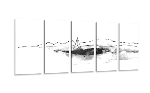 5-dílný obraz jachta na moři v černobílém provedení