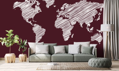 Tapeta mapa světa šrafovaná na bordovém pozadí