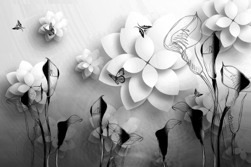 Tapeta abstraktní květiny v černobílém provedení